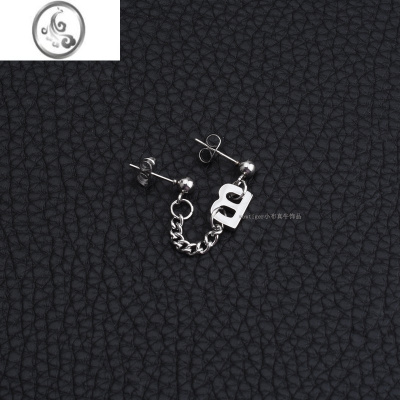 JiMi简约一体式双耳洞耳链个性甜酷女生耳环钛钢字母链条无耳洞耳夹男