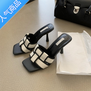 SUNTEK韩国东大门方头编织凉拖高跟拖鞋女外穿夏季凉鞋细跟舒适气质女鞋