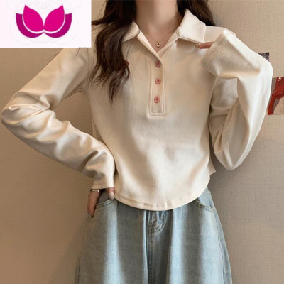 七斓大码胖mm不规则polo领长袖t恤女秋季韩系修身显瘦遮肚子短款上衣