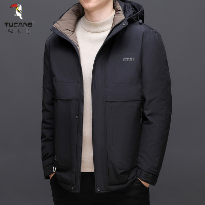 啄木鸟2025冬季新款纯色棉服男帅气中年加厚防风男款连帽保暖外套
