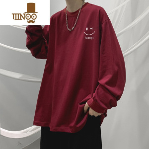 YANXU酒红色长袖t恤男款笑脸圆领卫衣美式潮牌内搭打底衫