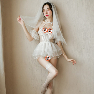 女士情趣内衣套装新娘性感蕾丝婚纱诱惑透视连衣裙女性免脱开档破洞露乳吊带丁字内裤长筒白丝袜透明女式情趣睡衣长夜漫漫成人用品 头饰+连衣裙+丁字裤+长筒袜 均码