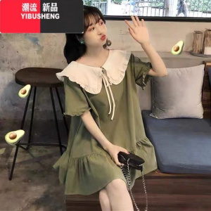 YIBUSHENG胖mm特大码300斤娃娃领连衣裙季新款宽松显瘦复古法式仙裙子