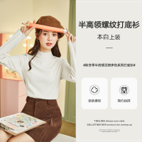 唐狮内搭打底衫女春秋新款白色圆领长袖T恤半高领黑色加绒