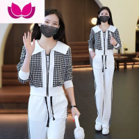 七斓千鸟格运动休闲套装女2023年春季新款韩版宽松时尚洋气显瘦套