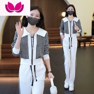 七斓千鸟格运动休闲套装女2023年春季新款韩版宽松时尚洋气显瘦套