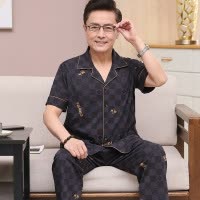 中老年睡衣男棉质夏季薄款短袖中年爸爸开衫长裤家居服套装可外穿