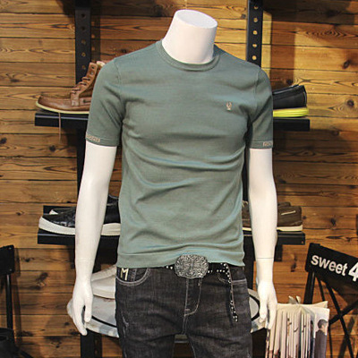 夏季潮流丝光棉短袖T恤男圆领修身刺绣休闲简约薄款冰丝半袖上衣