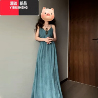 YIBUSHENG2024新款御姐法式高级感v领吊带连衣裙子女季海边度假收腰长裙
