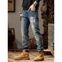 欧货牛仔裤男款个性印花潮男裤子新款舒适百搭合身休闲直筒裤男士