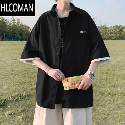 HLCOMAN冰丝短袖衬衫男宽松假上衣ins港风夏季薄款衬衣外套潮流痞帅
