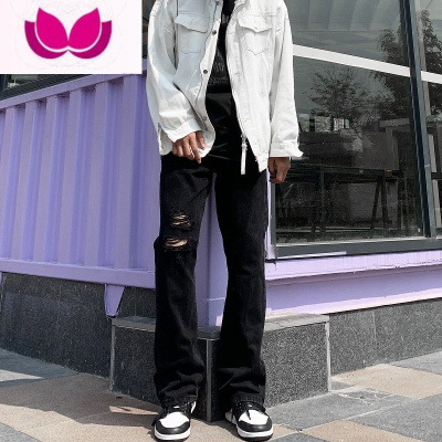 七斓美式高街破洞微喇叭牛仔裤男女潮牌ins潮流百搭宽松直筒显瘦裤子