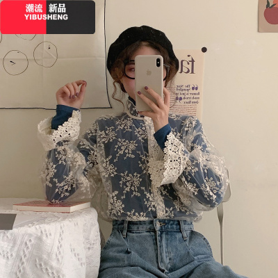 YIBUSHENG蕾丝打底衫女洋气春装薄款网纱雪纺百搭衬衫喇叭袖上衣长袖外穿潮蕾丝衫