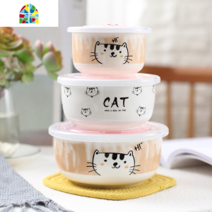 |密封陶保鲜碗三件套装保鲜盒饭汤面碗便当微波炉饭盒餐具盒 FENGHOU 蓝小熊送筷