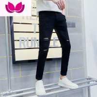 七斓春季黑色破洞牛仔裤男生9分韩版潮流小脚裤修身款九分乞丐长裤子