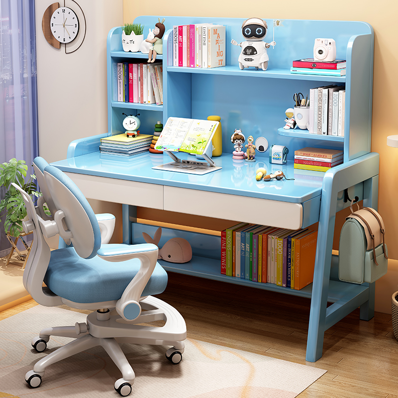 实木儿童学习桌家用中小学生可升降书桌书架一体桌卧室办公电脑桌