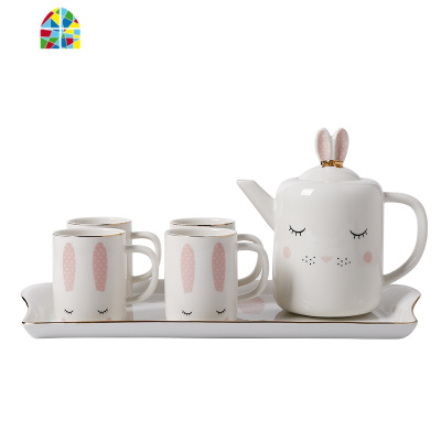 陶瓷水杯水壶套装卡通杯子咖啡壶家用冷水壶带托盘客厅凉水壶茶壶 FENGHOU 白色金鹿水壶套装