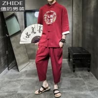 SUNTEK中式红色唐装男春夏季中国风复古装亚麻套装宽松青年中山装外套潮夹克