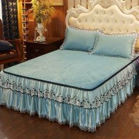 美帮汇凉席床裙式床罩单件三件套床套冰丝防滑单件带蕾丝花边款夏天夏季