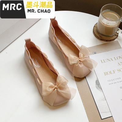方头平底单鞋女2020新款百搭仙女风豆豆鞋浅口丝带学生蛋卷鞋墨斗潮品休闲鞋