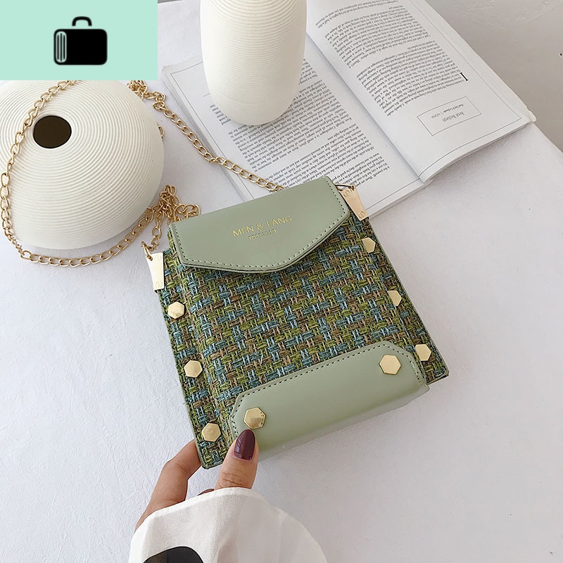 上新高级质感洋气柳钉小方包女2019新款潮韩版格子时尚少女单肩包NEW LAKE女士单肩包