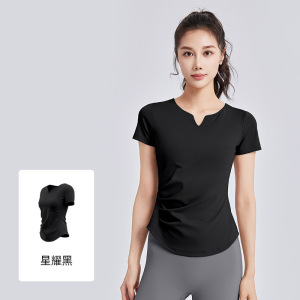 夏季新款v领褶皱瑜伽服短袖女防震固定杯显瘦运动健身上衣