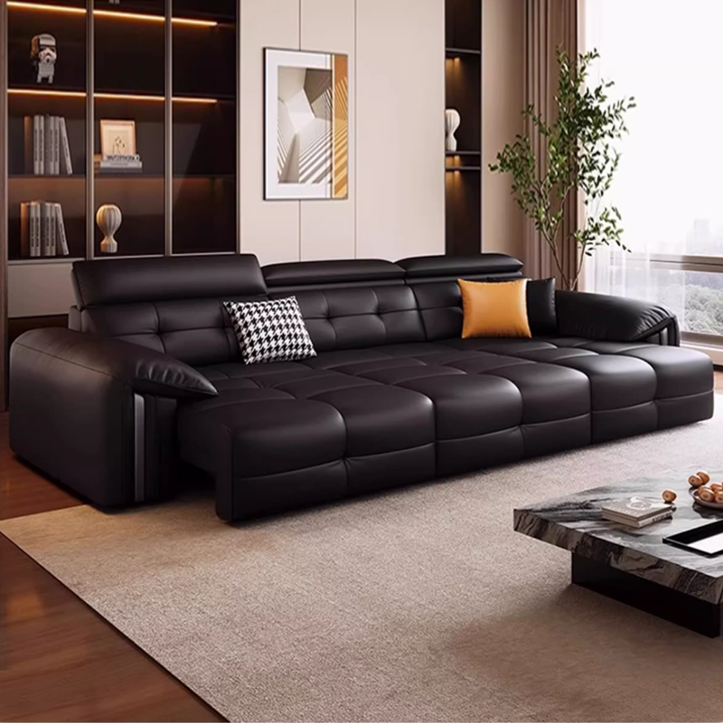 虔度意式极简真皮电动沙发功能客厅直排可趟可睡可调节伸缩新款黑色