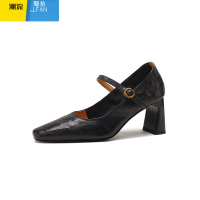 聚范软皮黑色高跟鞋2024新款法式复古粗跟一字带玛丽珍鞋女单鞋