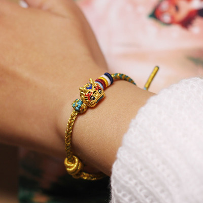 银饰手串手绳纯银镀金复古本命年转运编织红绳龙绳麒麟瑞兽手链送女朋友老婆情人节七夕生日礼物