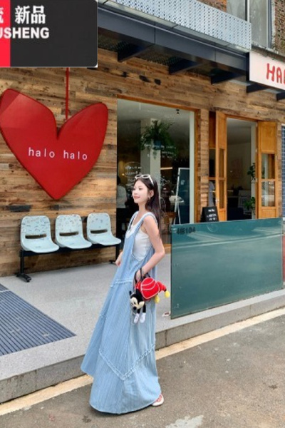 YIBUSHENG复古仿牛仔背带裙女季小众木耳边拼接长裙慵懒风连衣裙