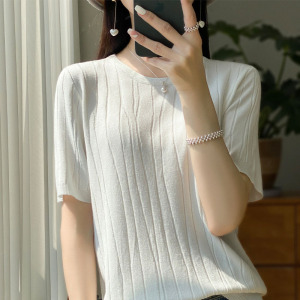 女装圆领冰丝针织短袖T恤舒适女宽松夏季薄款纯色曲珠打底上衣潮