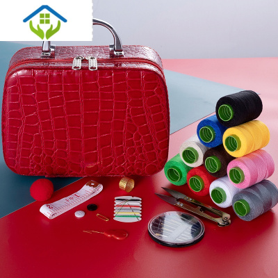 御蓝锦针线盒家用套装多功能高级收纳包结婚嫁妆实木复古大号百宝箱10色线款红色盒针线套装（不含大剪刀）