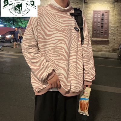 HLCOMAN港风圆领卫衣男无帽潮牌宽松斑马纹上衣潮流百搭春季外套ins港风卫衣