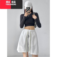 YIBUSHENG欧美辣妹黑色运动短裤女薄款宽松高腰中裤休闲阔腿五分裤潮ins