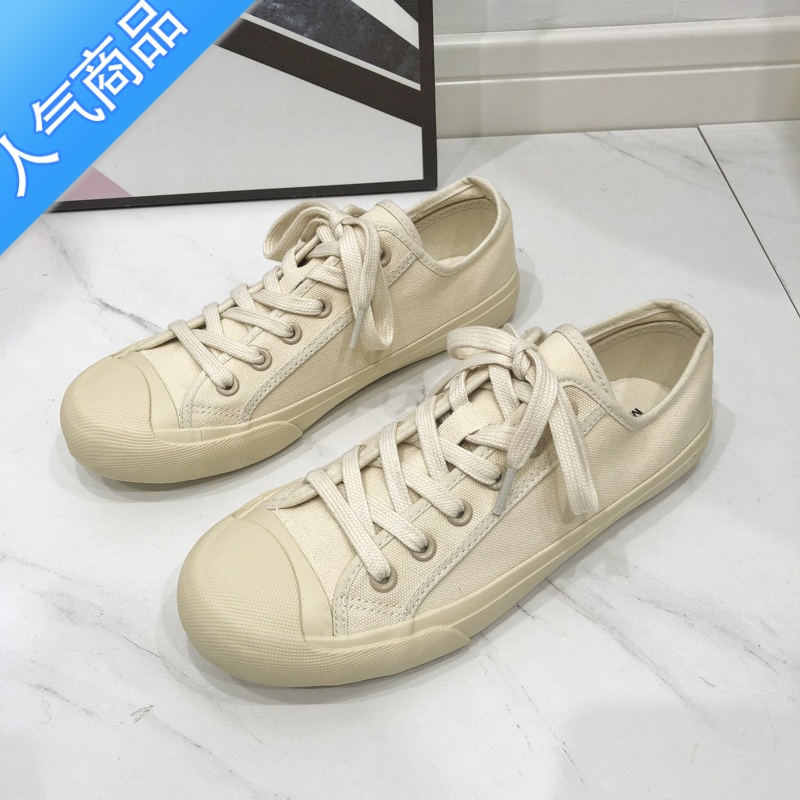 SUNTEK2023年春夏季韩国日系博主小众设计师小白鞋复古奶油做旧帆布鞋女