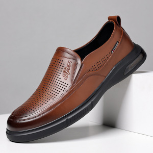 男鞋镂空真皮休闲皮鞋男款新款商务一脚蹬中老年爸爸鞋