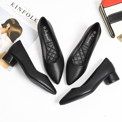 Ideamini2021新款软皮舒适工作鞋女黑色面试职业高跟皮鞋中跟粗跟尖头单鞋