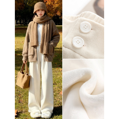 白色灯芯绒西装裤女秋冬加绒加厚直筒休闲窄版小个子雪尼尔阔腿裤_655