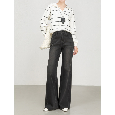 秋新款垂感宽松拖地喇叭长裤高腰四面弹筒喇牛仔裤女