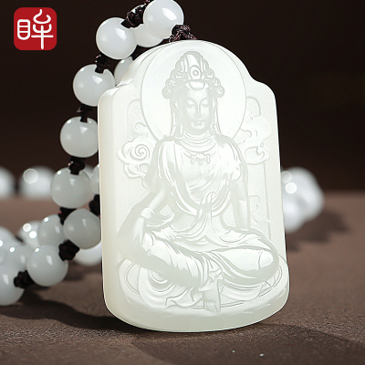 玉雕大师仵孟超工作室作品-印象眸和田玉吊坠羊脂白玉浅青玉观世音菩萨男款玉石挂件附送证书