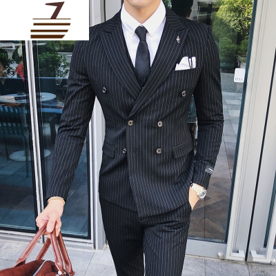 NEWLAKE新韩版修身气质条纹双排扣西服套装男型师新郎结婚西装三件套潮