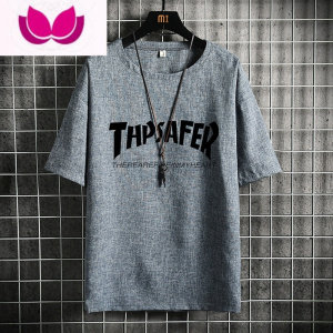 七斓水洗做旧男士亚麻短袖t恤男款夏季宽松大码冰丝棉麻半袖体恤衣服