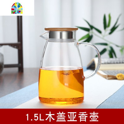 玻璃水壶家用大容量茶壶耐热凉开水壶可高温杯子套装冷水壶 FENGHOU 1.5L木盖亚香壶+四彩蘑菇杯+茶盘凉水壶