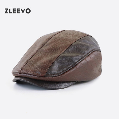 / 春秋冬季时尚复古PU皮鸭舌帽文艺拼接中年老年前进帽