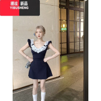 YIBUSHENG蕾丝拼接辣妹小飞袖连衣裙女季修身v领短裙褶皱收腰显瘦a字裙子