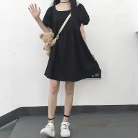 新款夏季韩版宽松短袖方领连衣裙女学生宽松网红洋气显瘦裙子