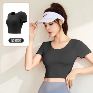 美背瑜伽服短袖紧身显瘦运动上衣女裸感带胸垫速干健身衣