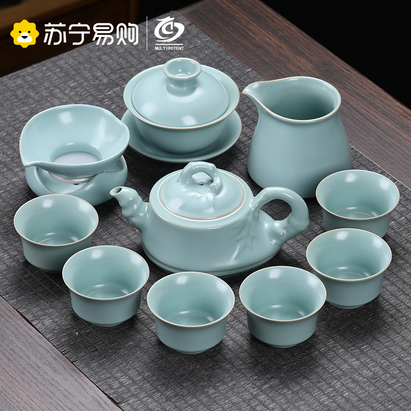 元青汝窑茶具套装(MULTIPOTENT)整套功夫茶具竹韵茶宗礼盒装一壶盖碗一茶漏组六杯11头