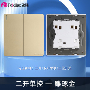 飞雕(FEIDIAO)开关插座86型家用暗装 超大面板钢支架 雕琢系列电源墙壁开关面板 雕琢金二开单控