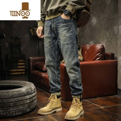 YANXU美式hiphop裤子男士牛仔裤2023新款潮牌复古水洗弹力小脚裤